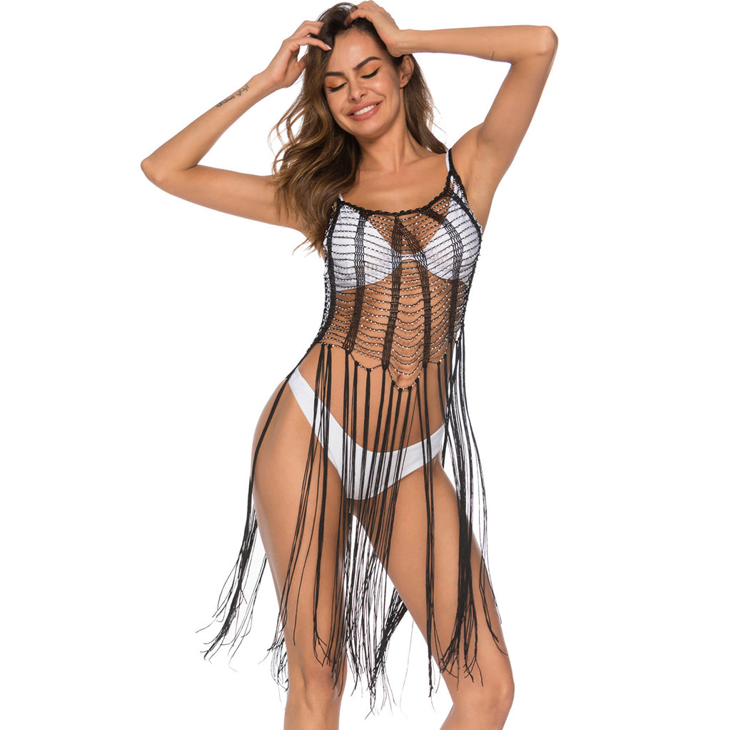 New Beaded Hollow Out Cover Up Dress, Spaghetti Strap Mini Beaded Tunic, Women Sheer Bikini Beach Coverup For Summer by Ricaloux