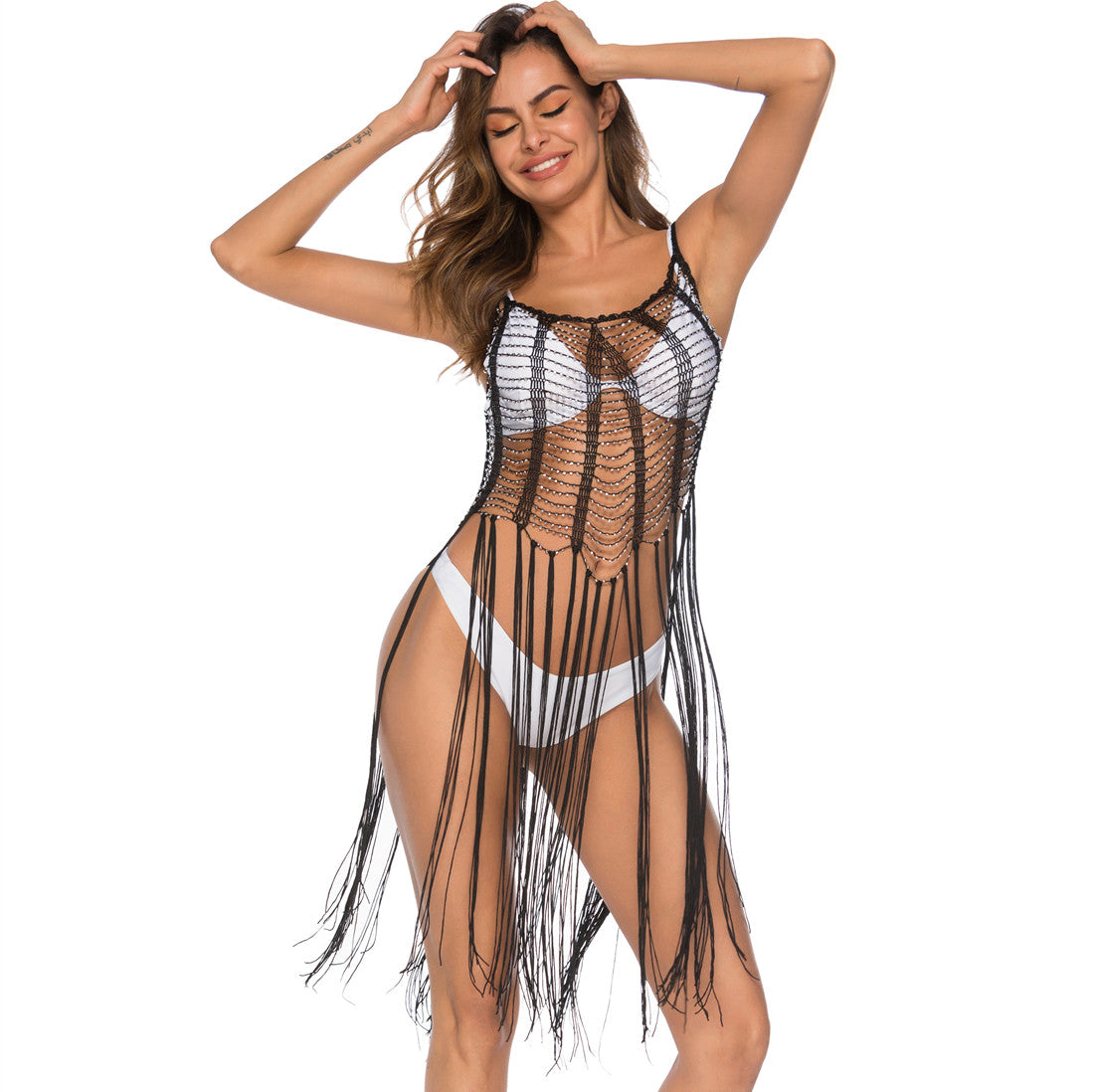 New Beaded Hollow Out Cover Up Dress, Spaghetti Strap Mini Beaded Tunic, Women Sheer Bikini Beach Coverup For Summer by Ricaloux
