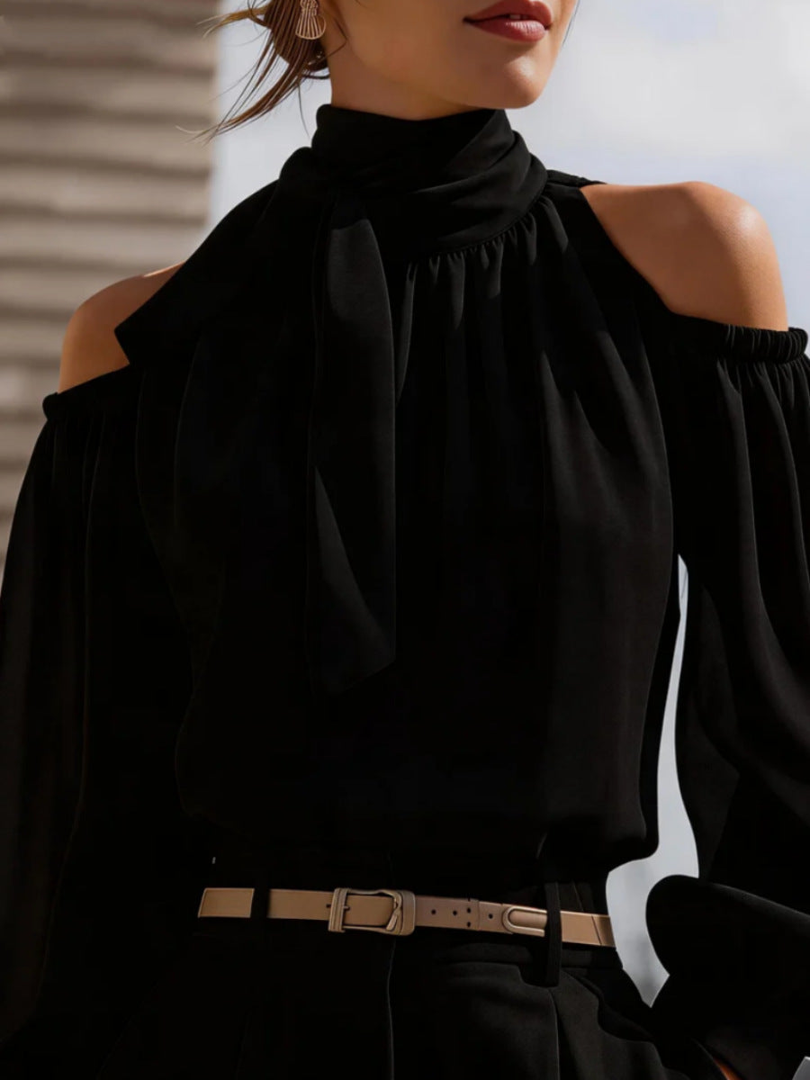 Womens Stand-collar Off-shoulder Top With Puff Sleeves – Premium 0 | RICALOUX