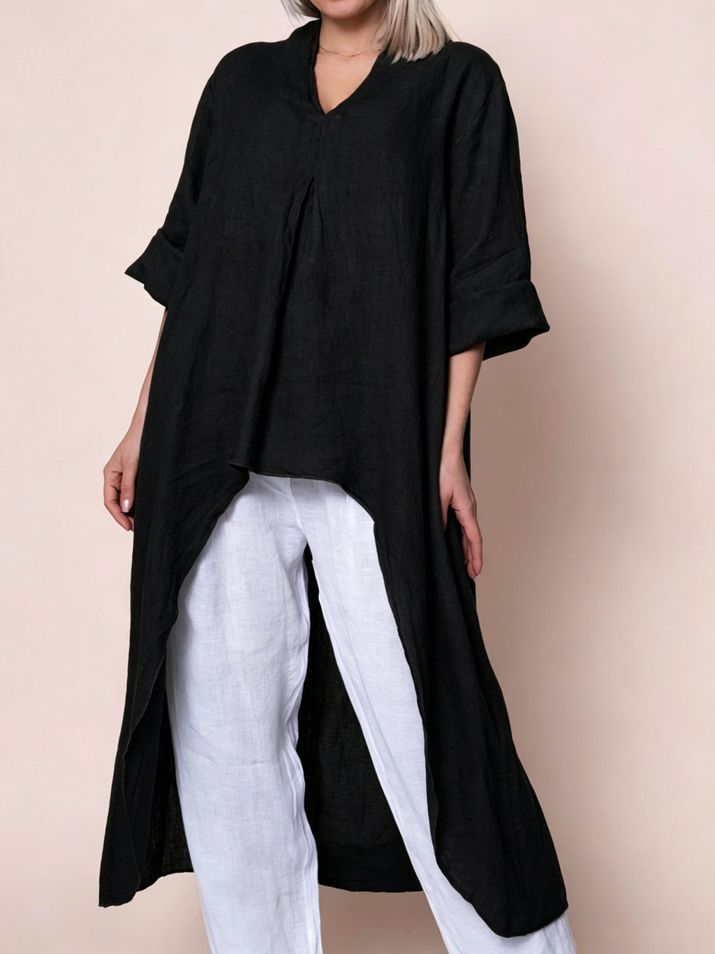 Womens Solid-Color V-Neck Asymmetric Long-Sleeve Shirt by Ricaloux