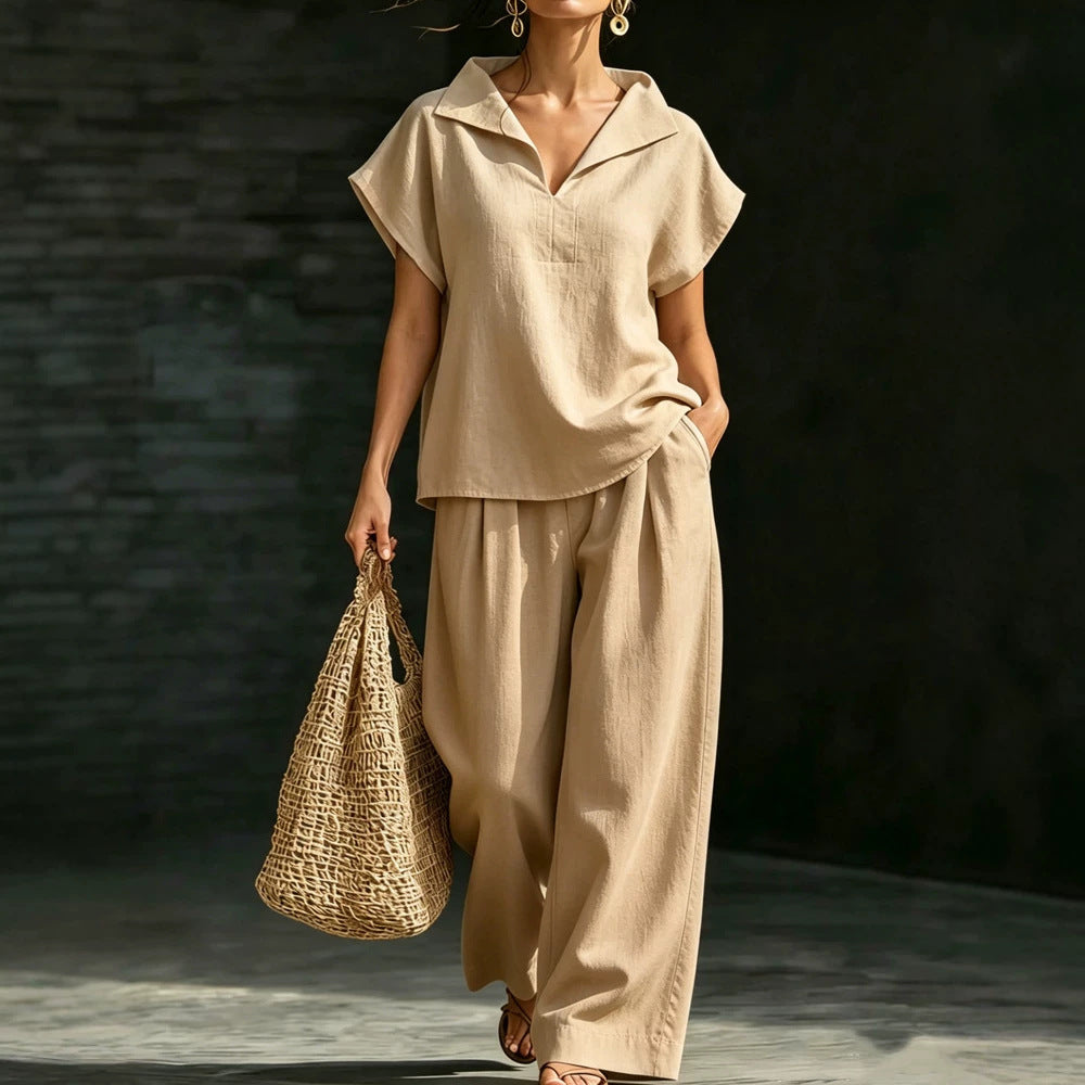 Womens Casual V-Neck Pullover Short-Sleeve Pants Set by Ricaloux