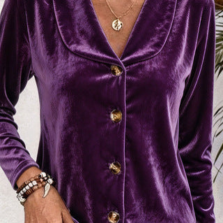 Velvet Shirt Collar Button Long-sleeve Lapel Top – Premium 0 | RICALOUX