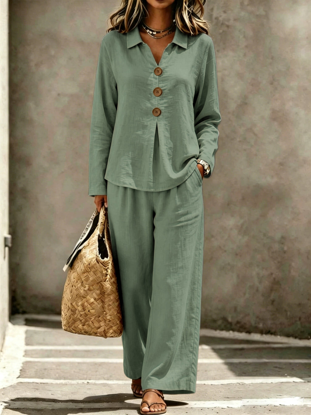 Womens Buttoned Polo-collar Long-sleeve Pantsuit by Ricaloux