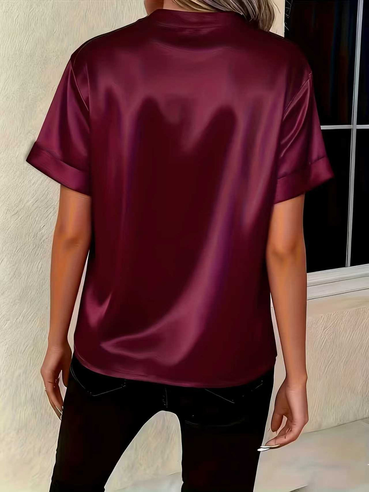 Women's Satin V-Neck Short Sleeve Blouse - Elegant Stand Collar Office Wear Top, Multiple Colors Available – Premium 4 | RICALOUX
