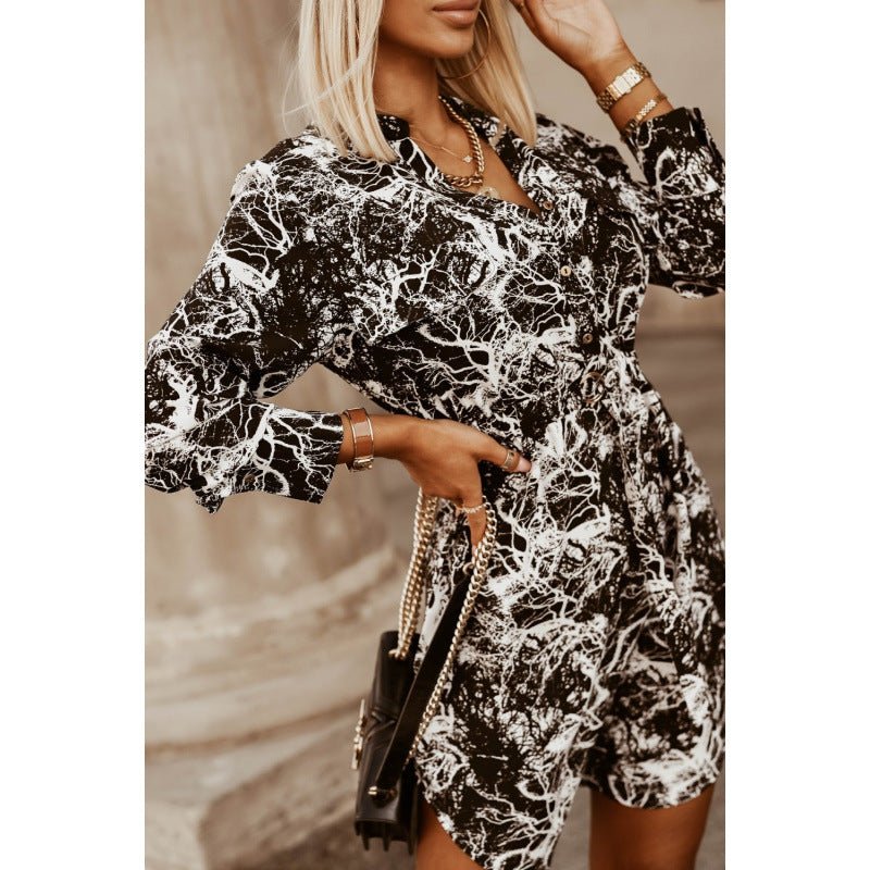 Autumn And Winter New Fashion Waist-controlled Tied Long Sleeves Printed Shirt Dress - RICALOUX