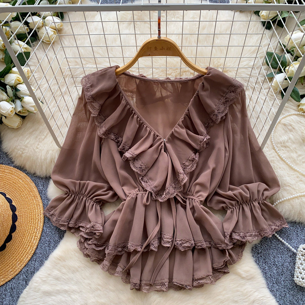 Womens Solid-Color French-Style V-Neck Lace Ruffled Hem Shirt by Ricaloux