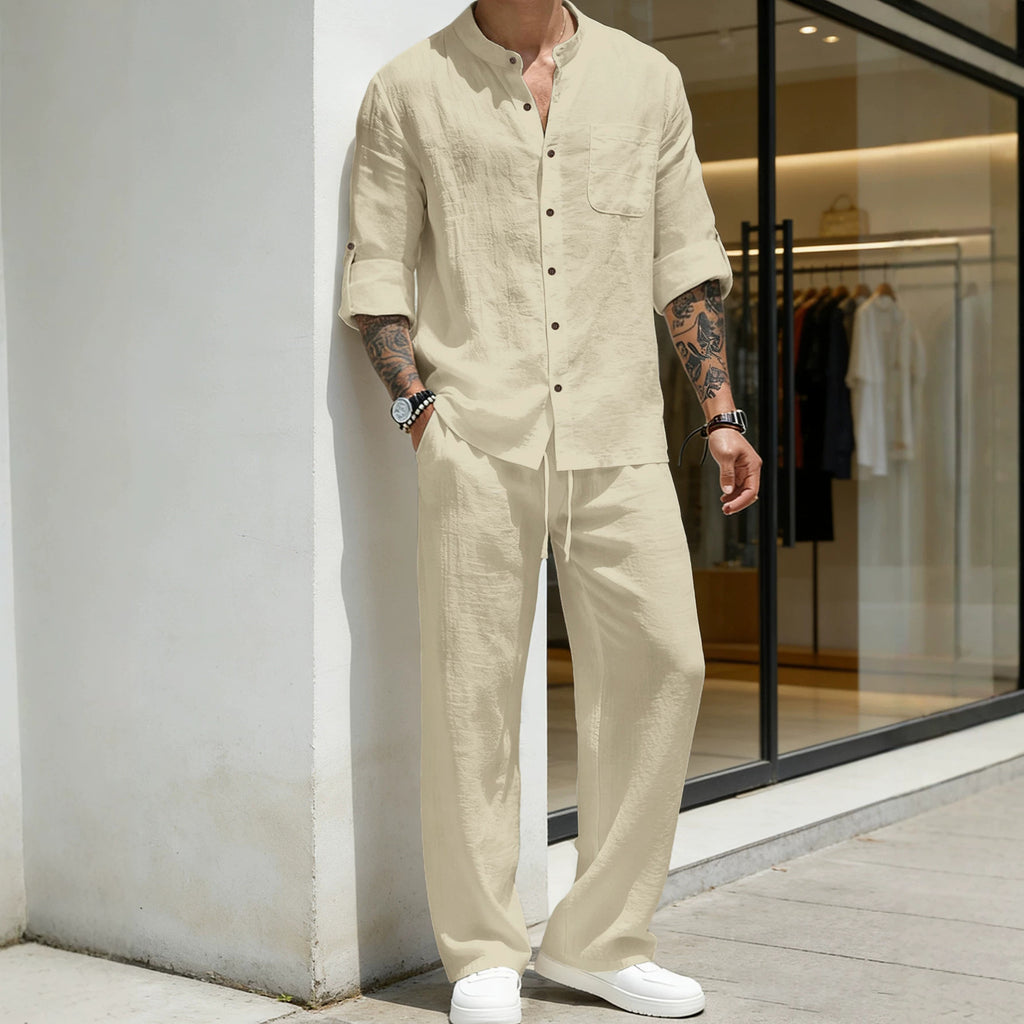 Mens Solid-Color Linen Long-Sleeve Shirt And Pants Two-Piece Set – Premium 0 | RICALOUX
