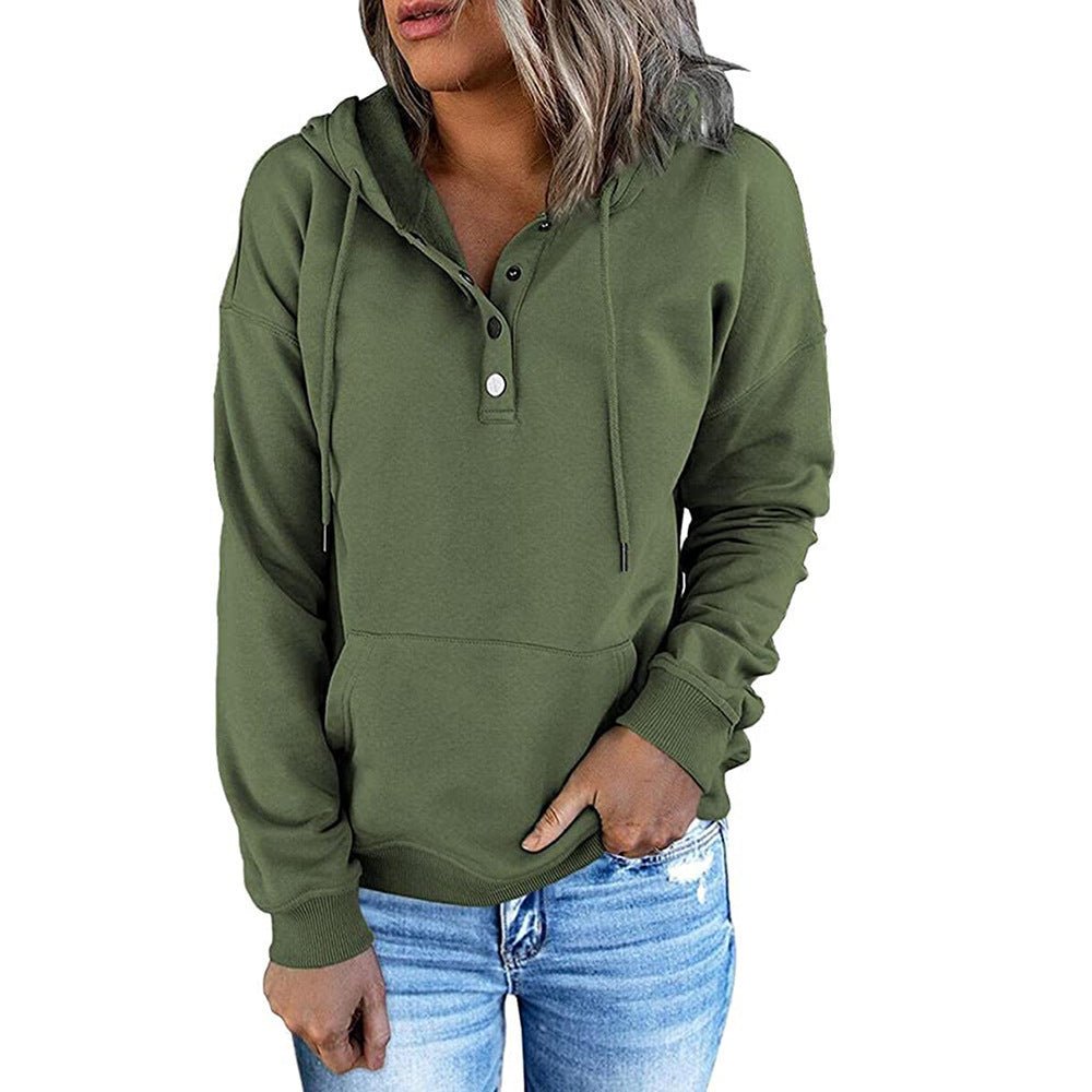Long-sleeved Hooded Sweatshirt With Pockets Fashion Casual Button Drawstring Design Hoodie Top Spring And Autumn Sports Clothing For Women - RICALOUX