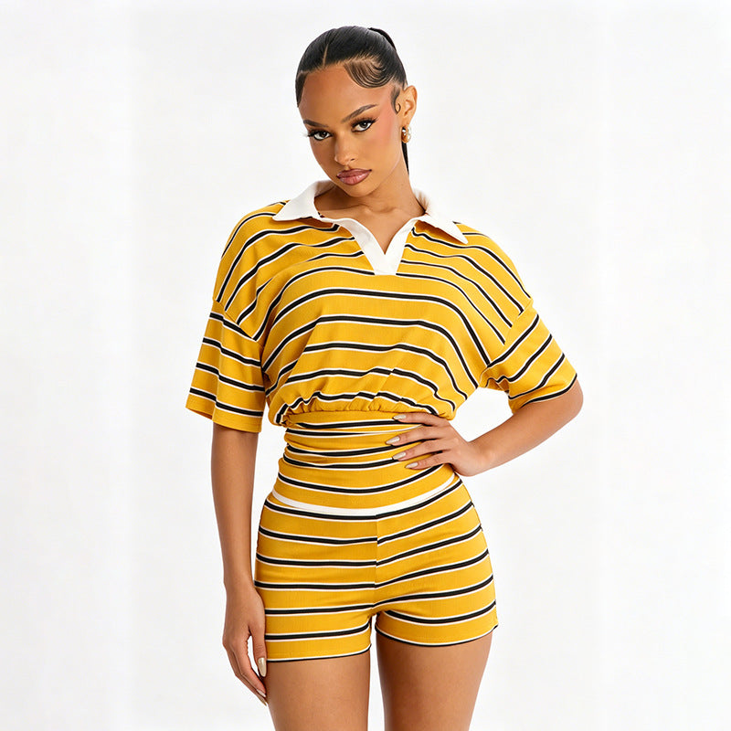 Womens Color-block Lapel Top And Shorts Set by Ricaloux