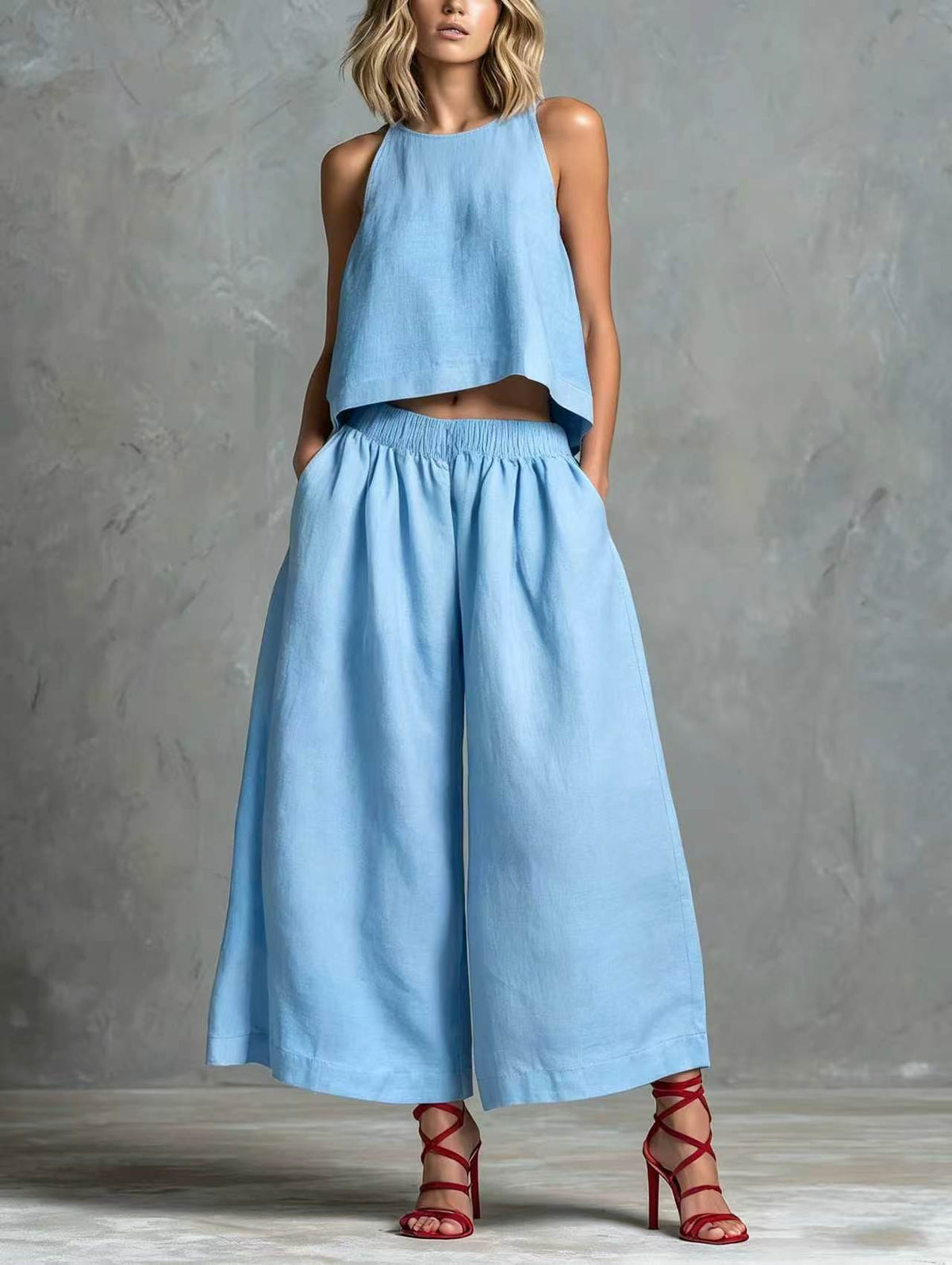 Loose Laid-back Linen Vest And Wide-leg Pants Set – Premium 0 | RICALOUX