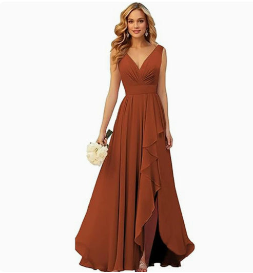 V-neck Pleated Slit Chiffon Dress With Tie Straps – Premium 0 | RICALOUX