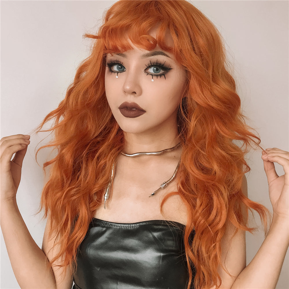 Orange Long Curly Hair With Bangs Wig – Premium 0 | RICALOUX