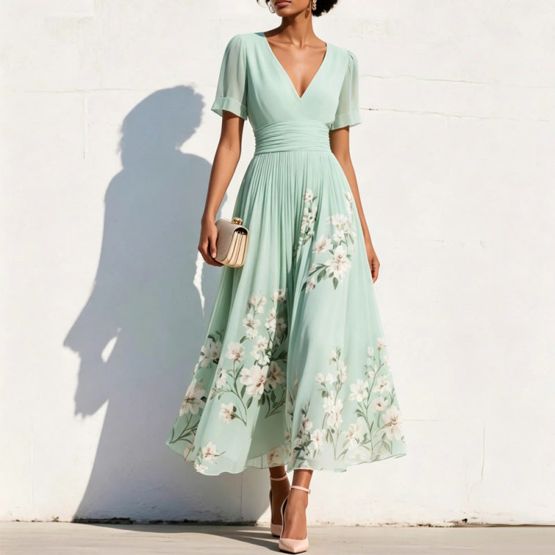 Womens Digital-Print Floral Long-Sleeve V-Neck Pleated Dress by Ricaloux