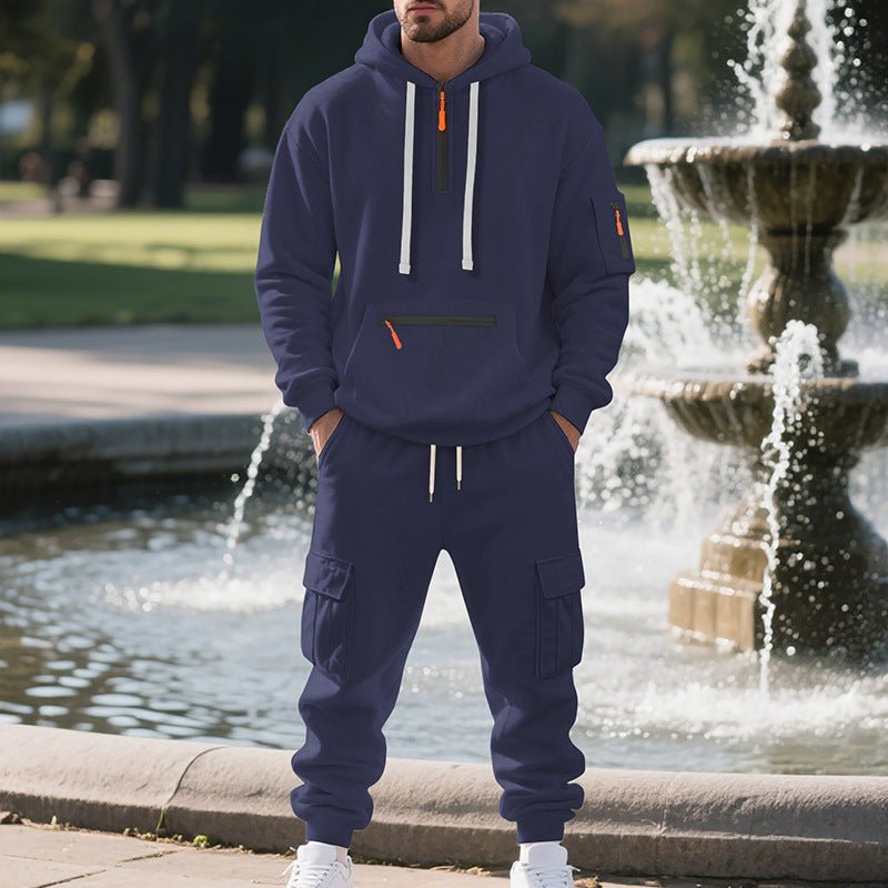 Men's Loose Sports And Leisure Suit Sweater Fleece-lined Hoodie Set Zipper Multi-Pocket Pullover Men's Sports Casual Top Two-piece Set - RICALOUX