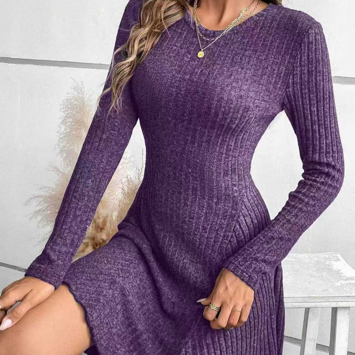 Womens Elegant Solid-color Rib-knit Crew-neck Long-sleeve Dress – Premium 0 | RICALOUX