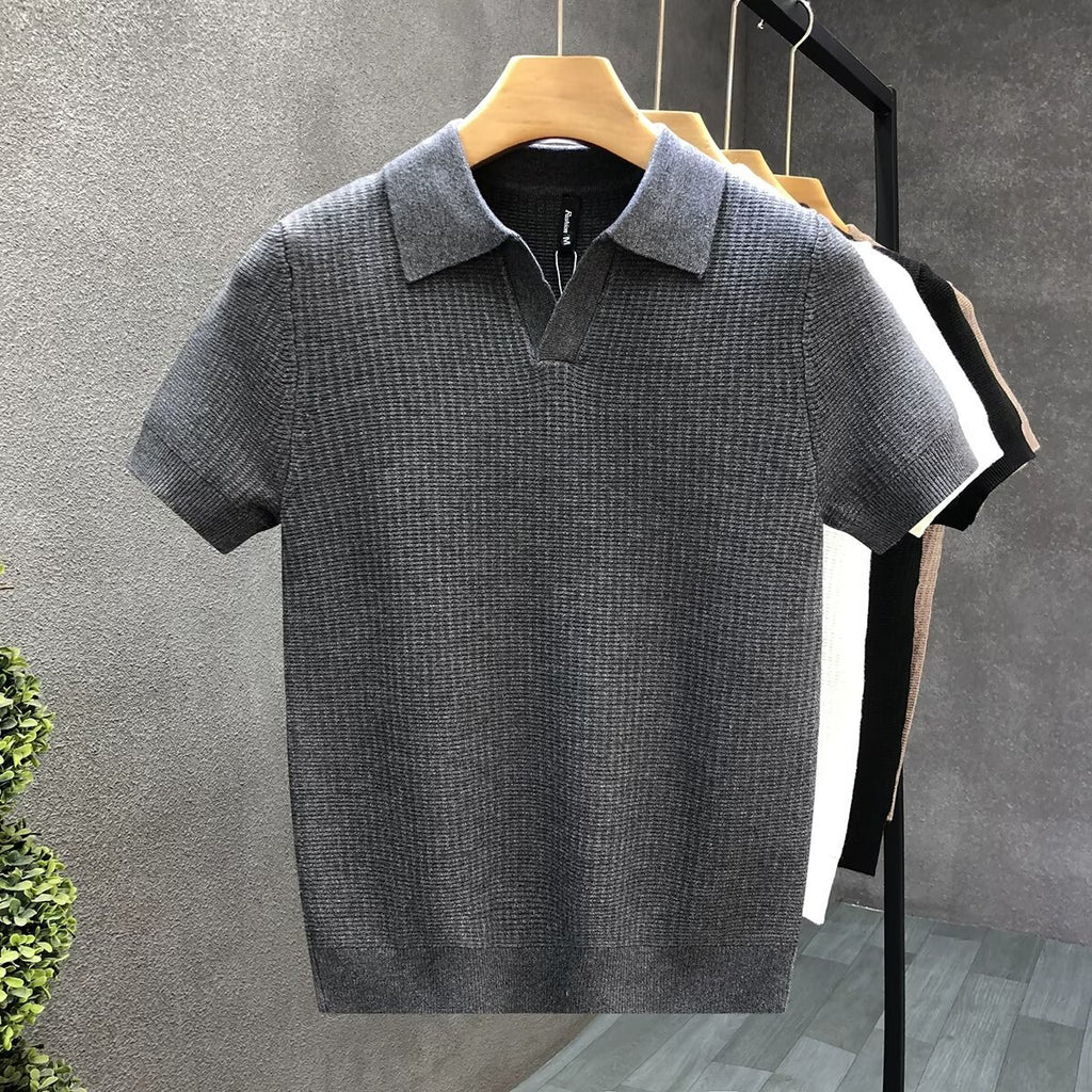 Stylish Slim-Fit Short-Sleeve Lapel Knitted Base Layer Shirt by Ricaloux