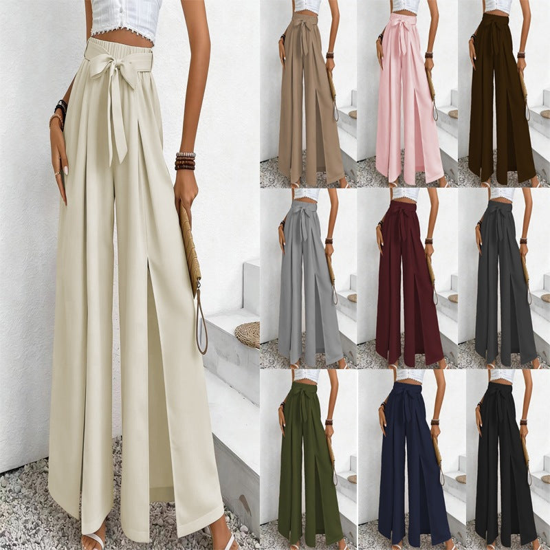 Summer New Solid-Color Casual Lace-Up Loose Womens High-Waisted Wide-Leg Long Pants – Premium 0 | RICALOUX