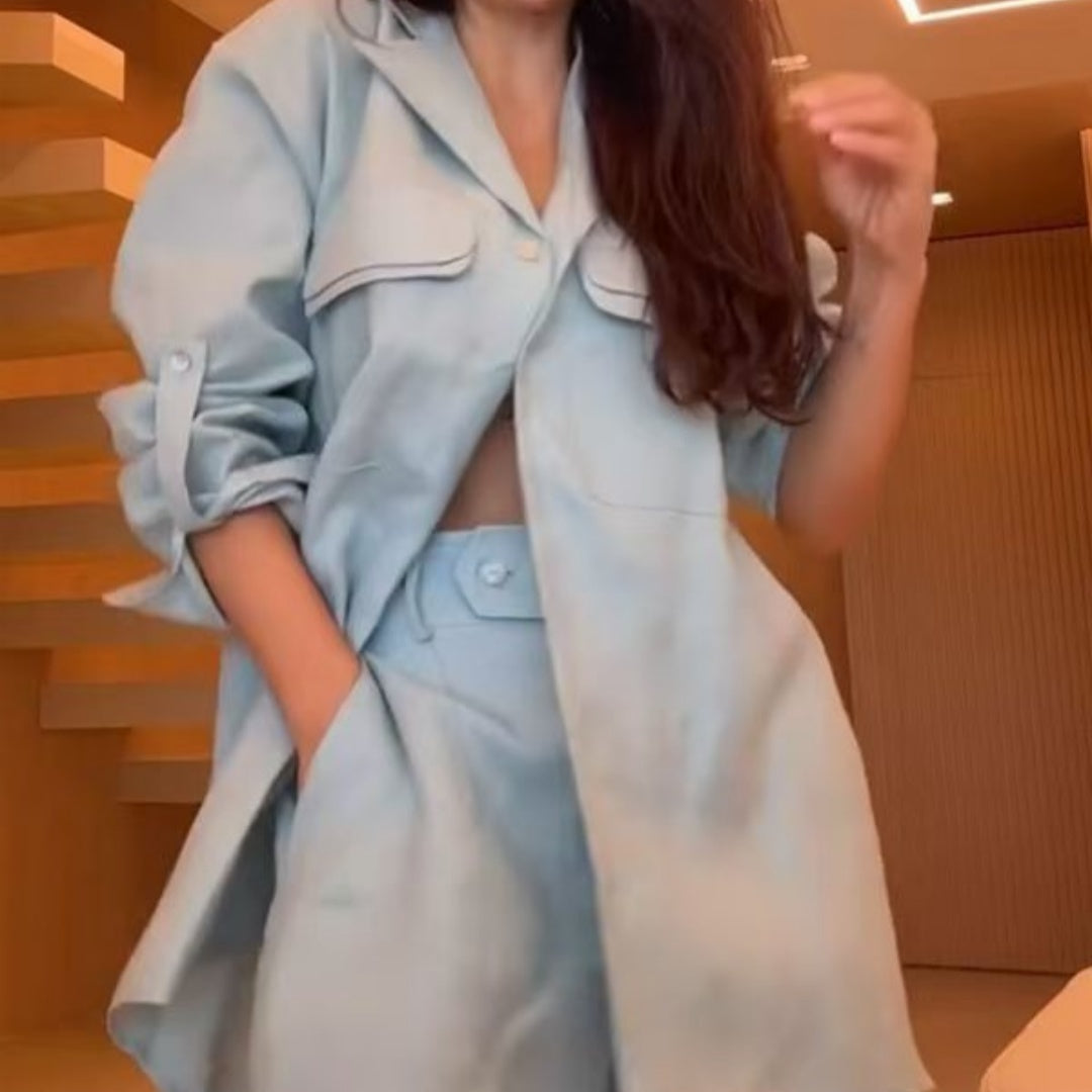 Womens Relaxed-fit, Fashionable Lapel-collar Statement Blouse And Casual Shorts – Premium 0 | RICALOUX