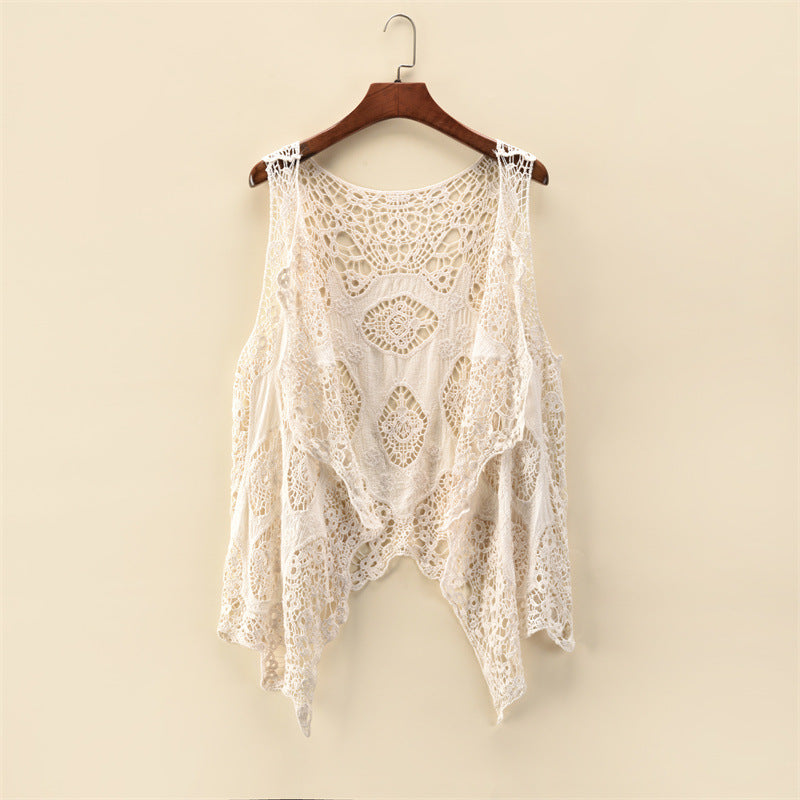 Womens Solid-color Thin Sleeveless Lace Jacket by Ricaloux