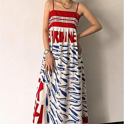Small-fish Strap Printed New Long Dress One-piece Dress by Ricaloux