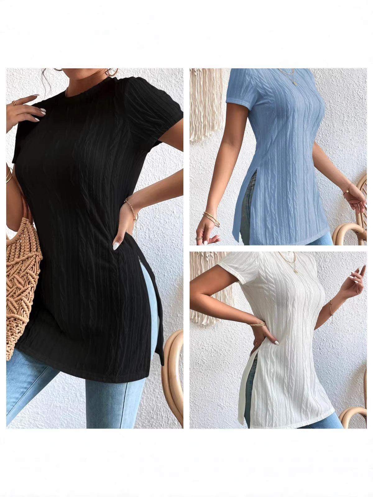 Women's Textured Short Sleeve Side Slit Tunic Top - Casual Loose Fit Longline Blouse by Ricaloux