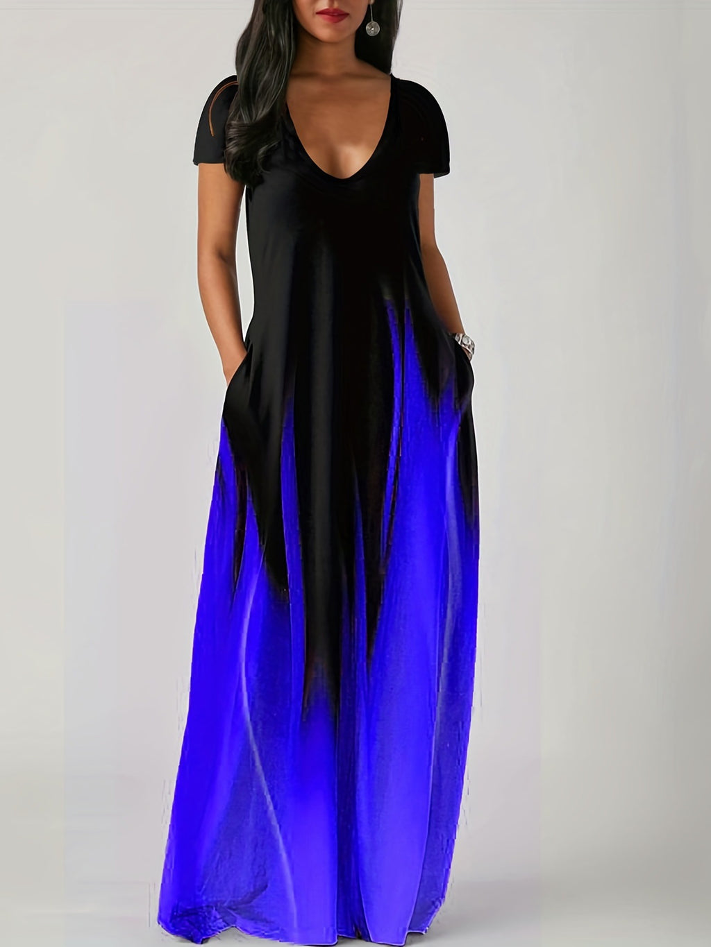 Women's Ombre Gradient Short Sleeve Maxi Dress With Pockets Casual V-Neck Loose Fit Long Dress For Summer – Premium 4 | RICALOUX