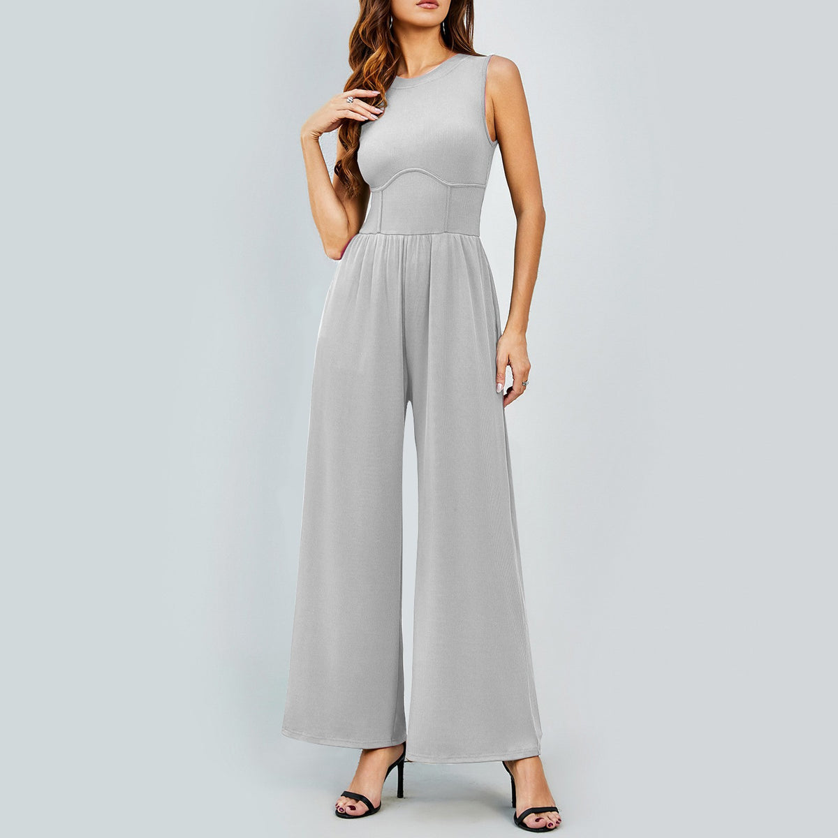 Womens Round-neck Solid-color Sleeveless Slim-fit Long Casual Jumpsuit – Premium 0 | RICALOUX