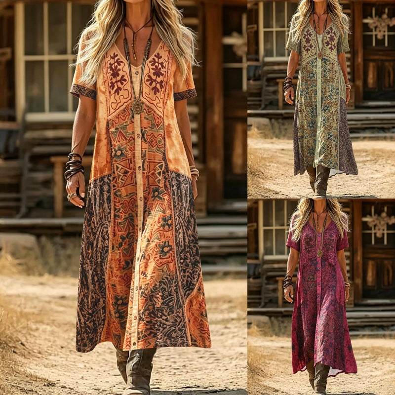 Women's V-Neck Short Sleeve Bohemian Embroidered Print Maxi Dress Casual Loose Button Front Long Dress For Vacation – Premium 4 | RICALOUX