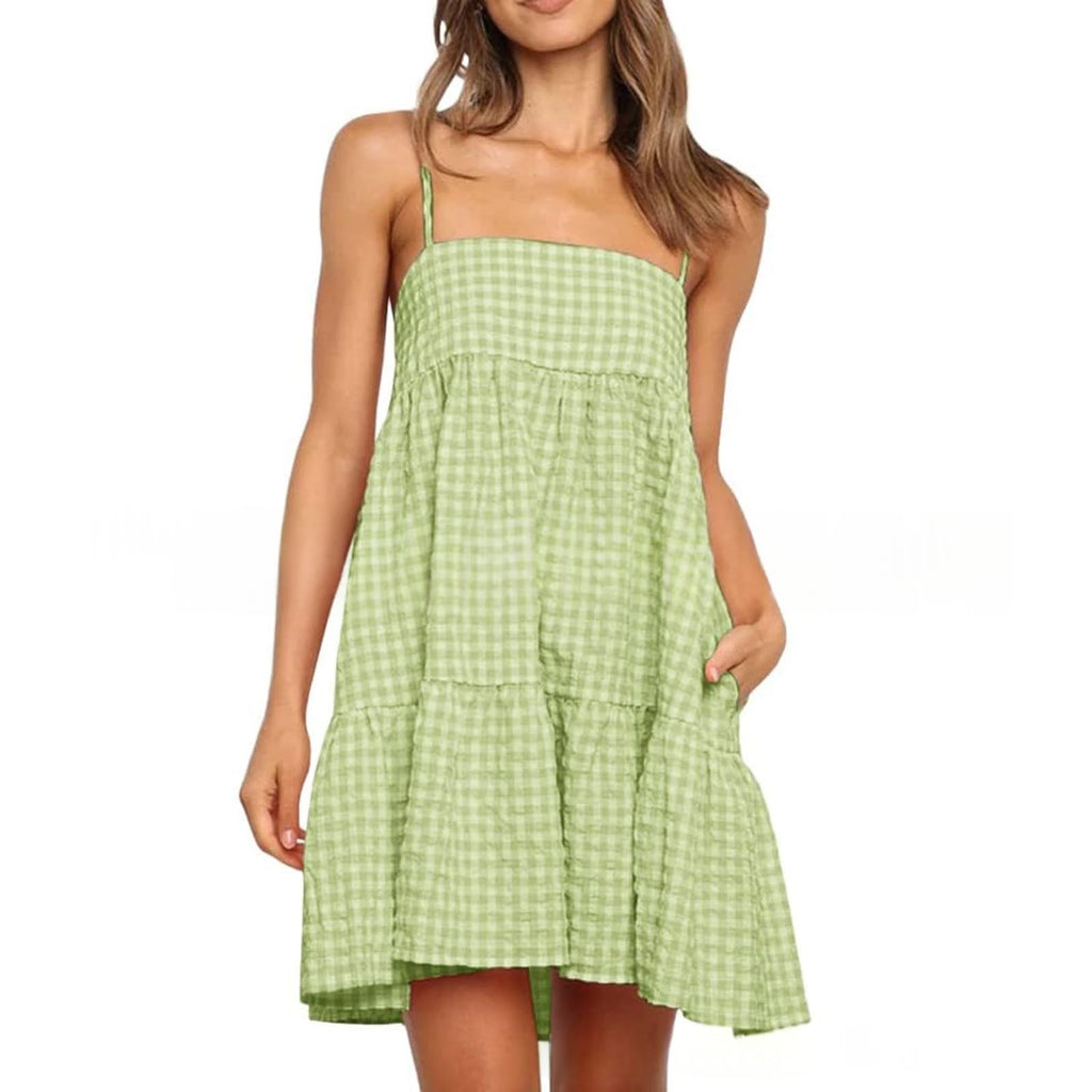 Casual Mini Dress With Shoulder Strap Ruffles And Side Pockets by Ricaloux