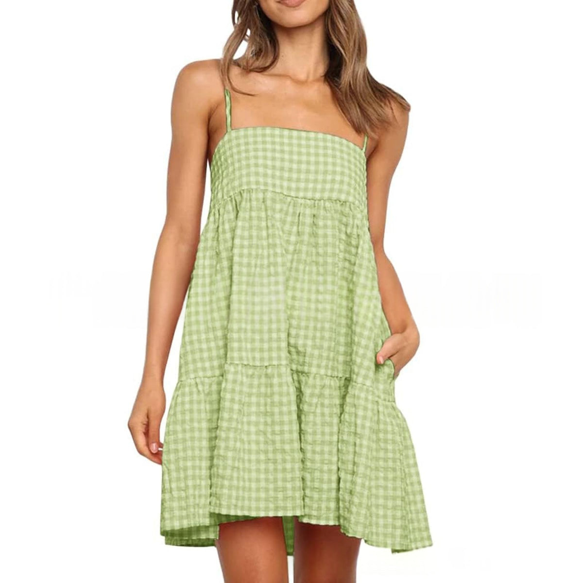 Casual Mini Dress With Shoulder Strap Ruffles And Side Pockets by Ricaloux