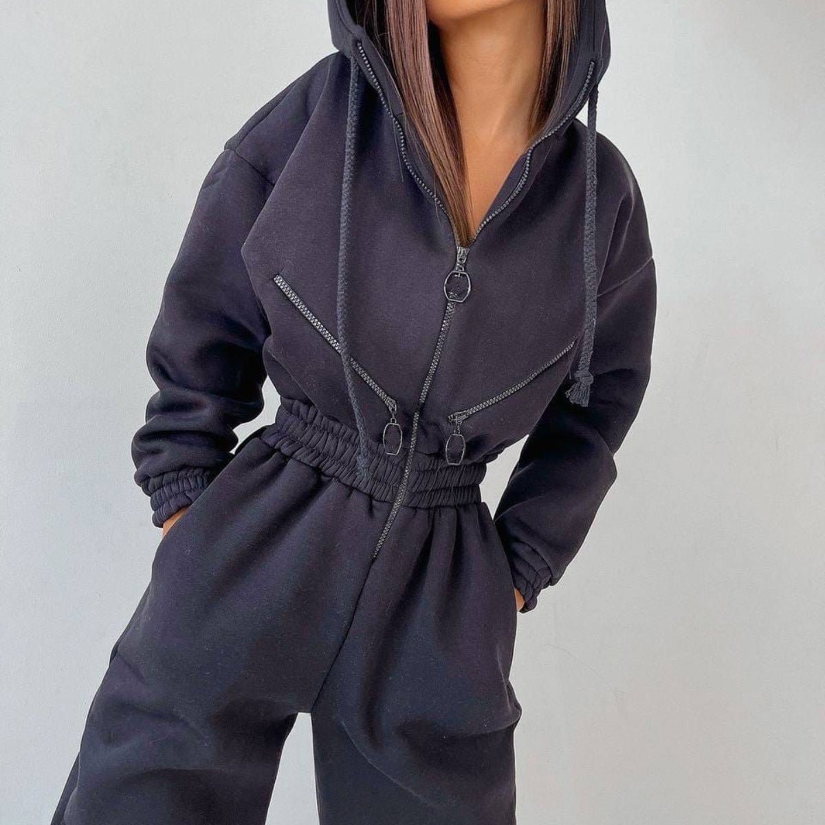 Casual Women Basic Hoodie Two Piece Sets Zipper Drawstring - RICALOUX