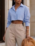 Light Blue Striped Cropped Button-Down Shirt by Ricaloux