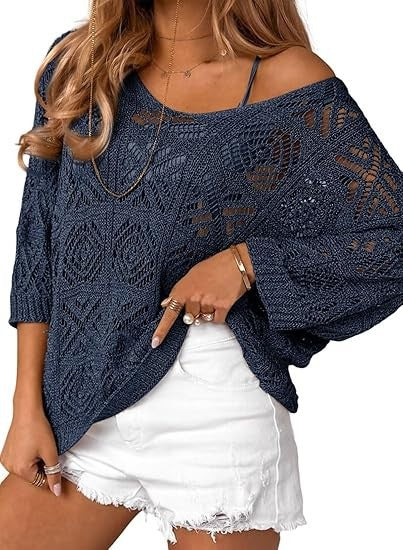 Crochet Hollowed-Out Three-Quarter-Sleeve Pullover Sweater – Premium 0 | RICALOUX