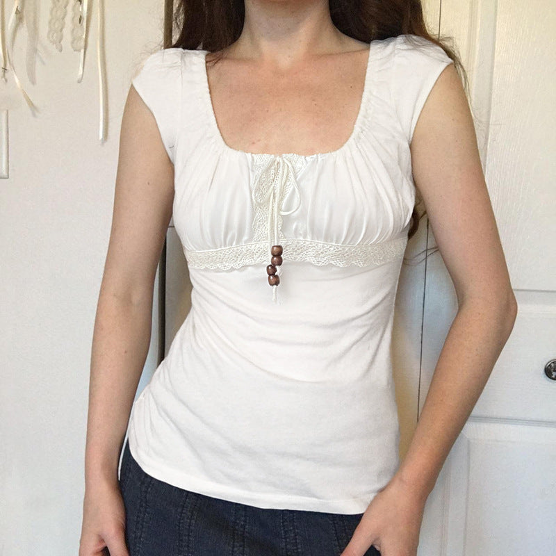 Retro Girly Beaded Drawstring Lace-panel Short Top by Ricaloux