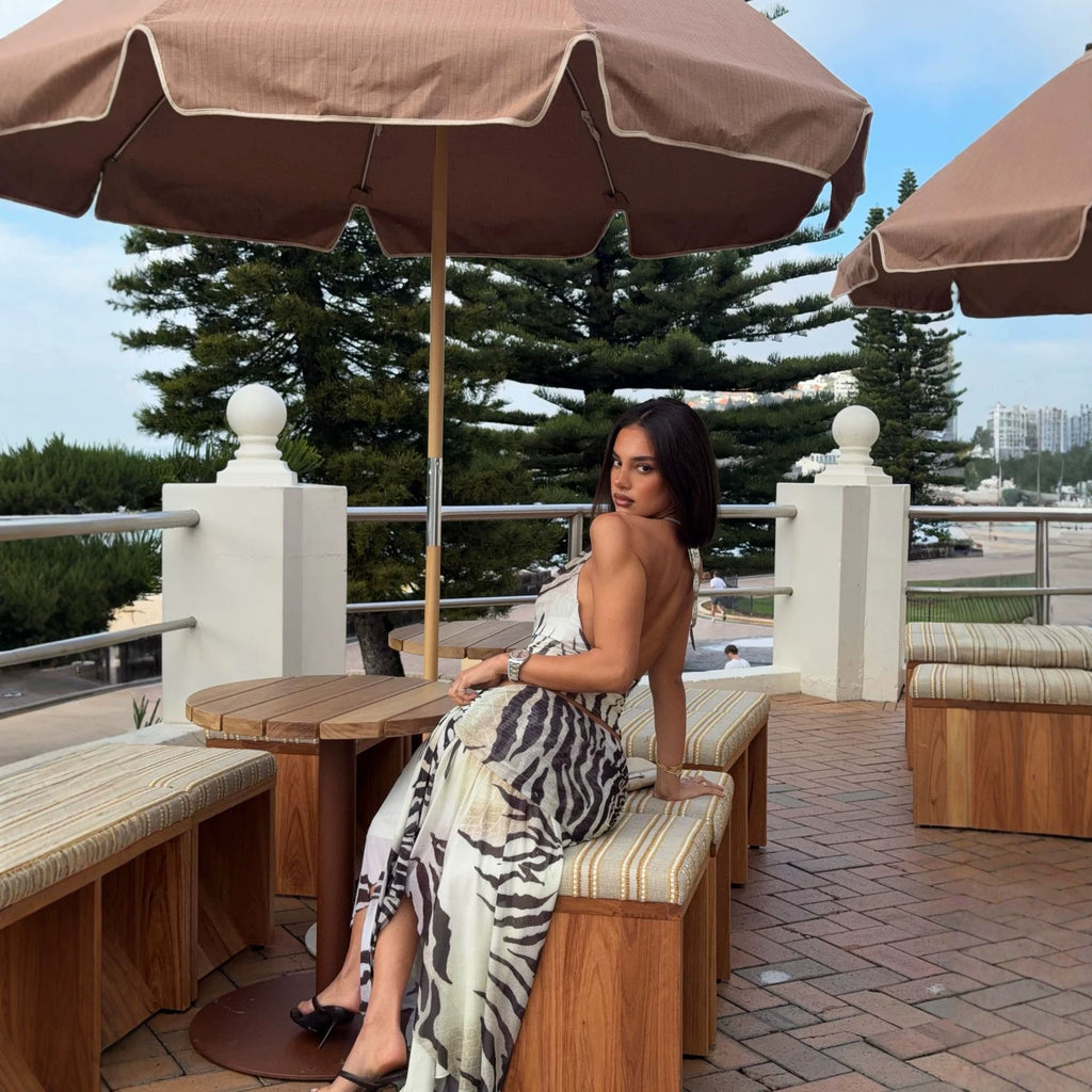 New Striped Halter-neck Midriff-baring Long Skirt Set by Ricaloux
