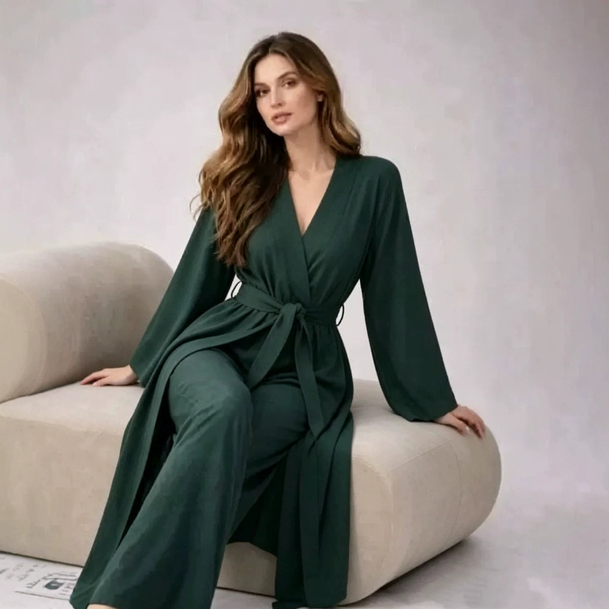 Strap-detailed Robe And Straight-leg Pants Two-piece Set by Ricaloux