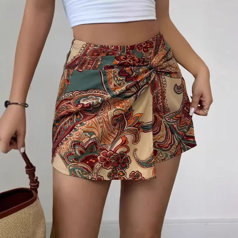 Womens Fashionable Paisley-Print Knotted Wrap Casual Resort Shorts – Premium 0 | RICALOUX