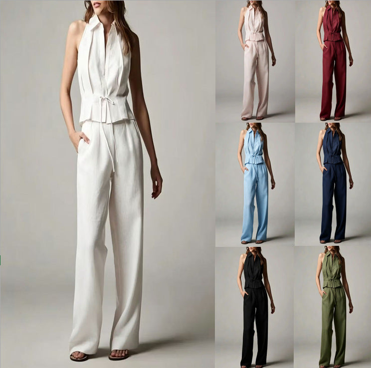 Cotton-linen Sleeveless Lapel Top With A Simple Straight-leg Pants Set by Ricaloux