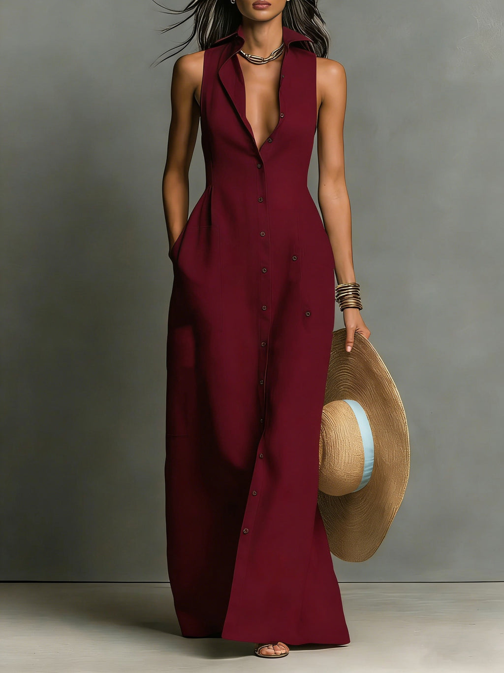 Breasted Sleeveless Shirt-collar Dress – Premium 0 | RICALOUX