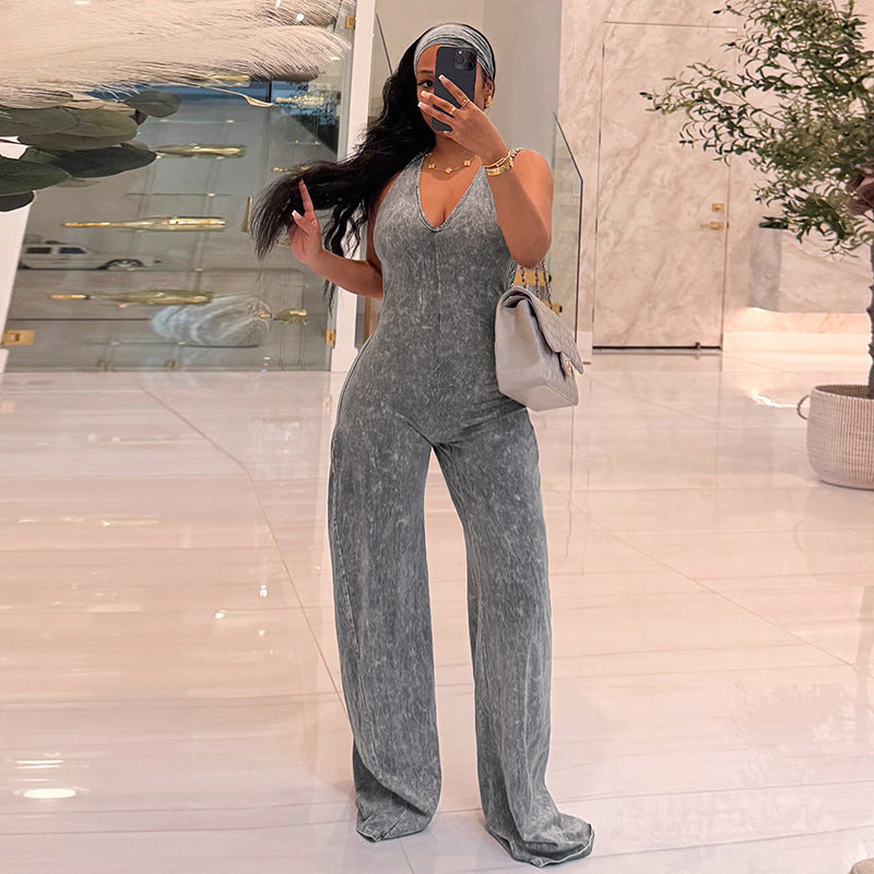Casual Sporty Fauxwatereffect Openback Flared Jumpsuit by Ricaloux