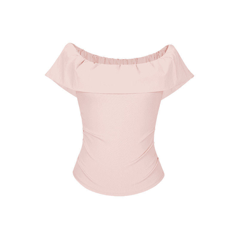 Stunning Pink Off-shoulder Top With A Boat Neckline And Ruffled Short Sleeves by Ricaloux