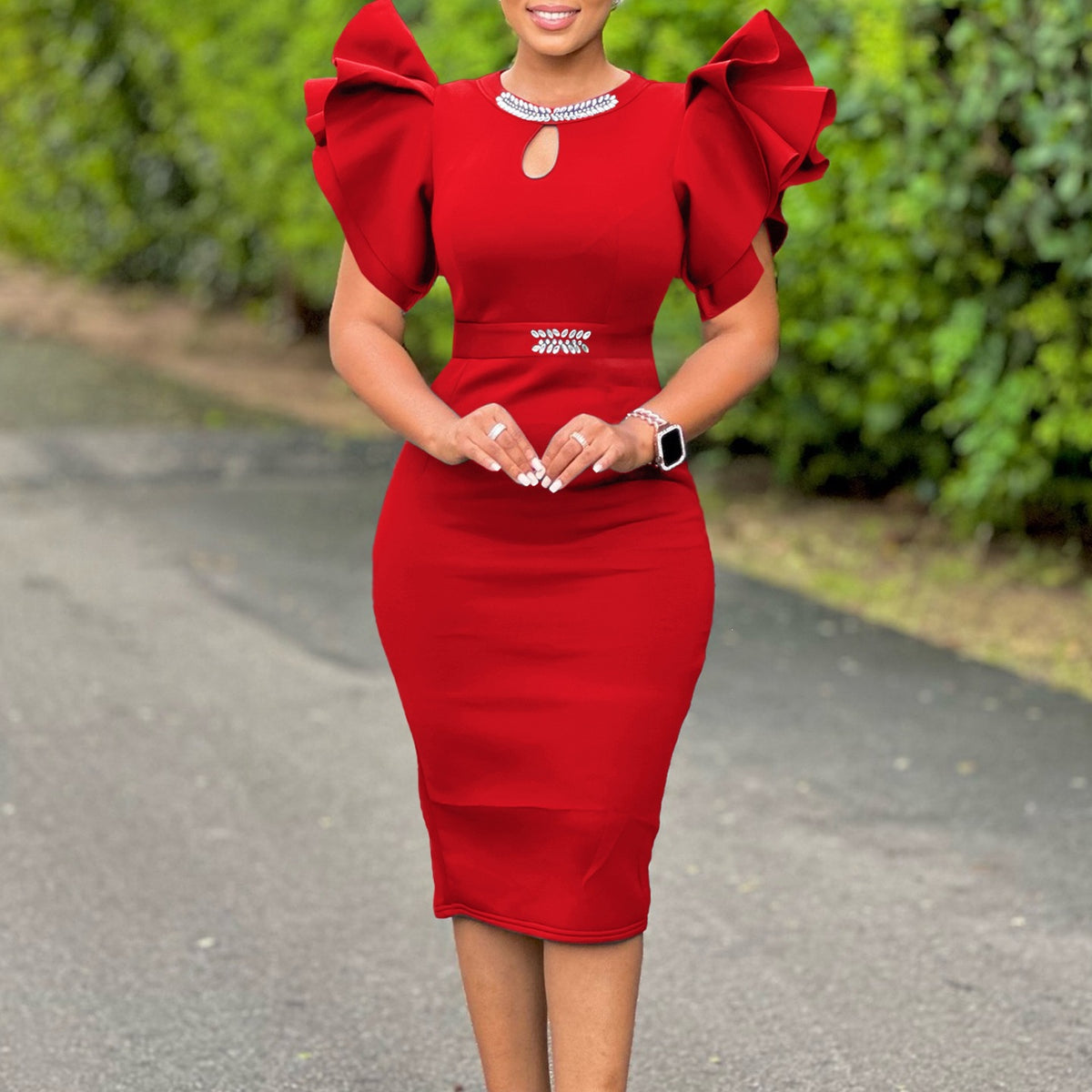 Summer Crew-neck Ruffled-sleeve Rhinestone-embellished Sheath Dress by Ricaloux