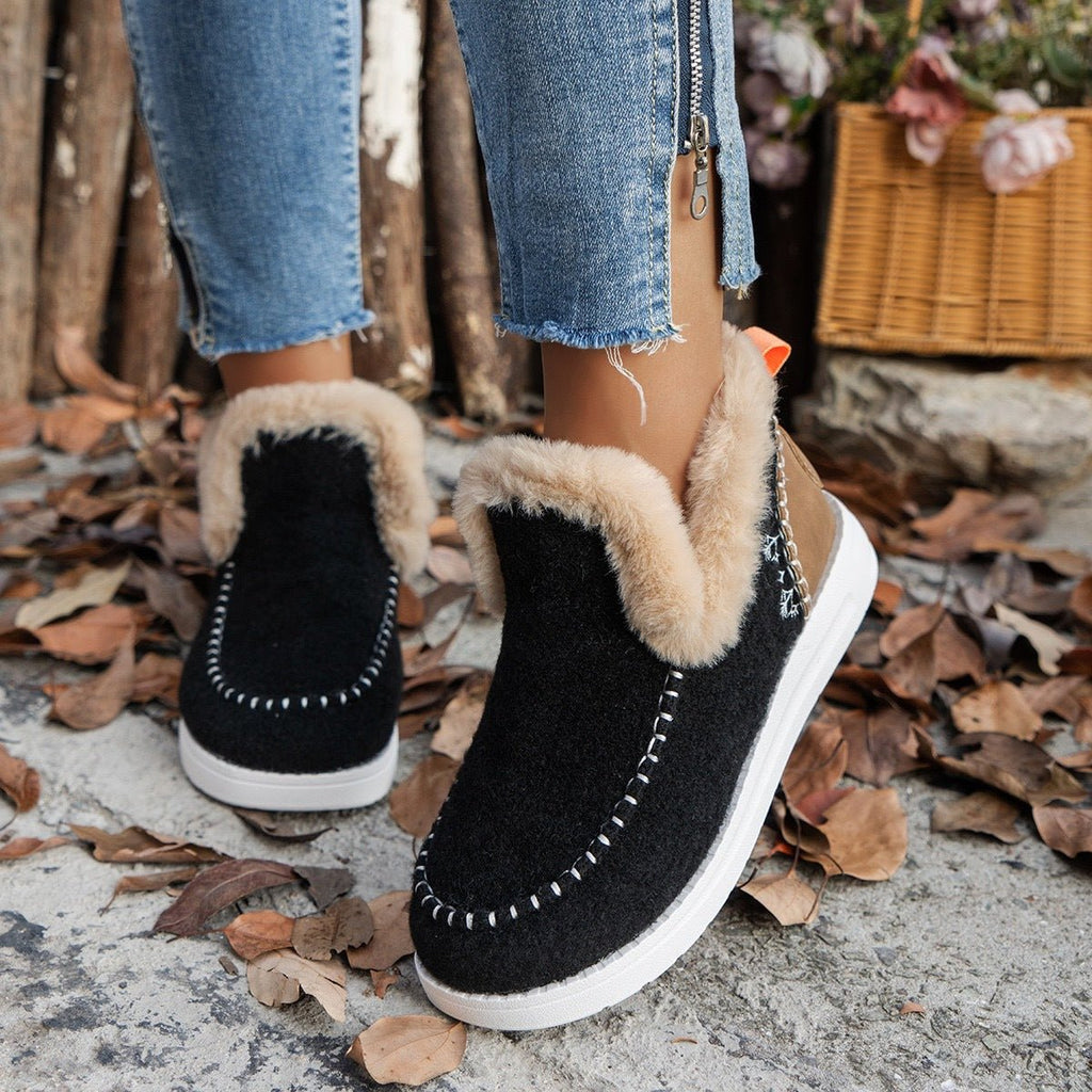 Fleece-lined Thick Plush Boots Warm Sewing Flat Cotton Shoes Winter Ankle Boot - RICALOUX