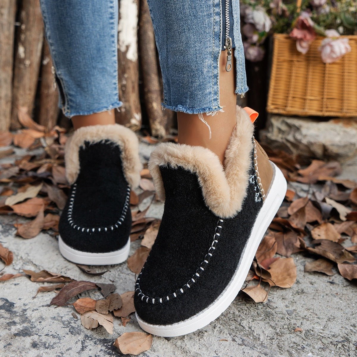 Fleece-lined Thick Plush Boots Warm Sewing Flat Cotton Shoes Winter Ankle Boot - RICALOUX