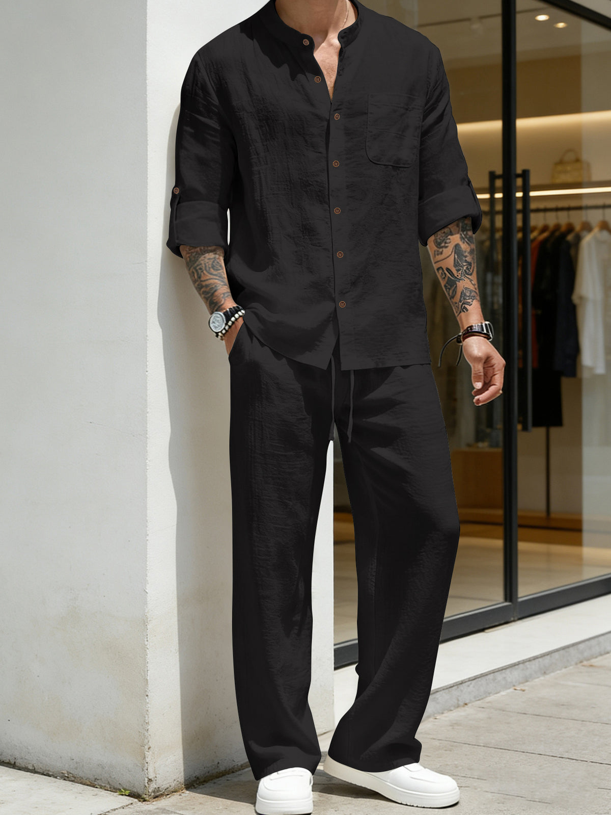 Mens Solid-Color Linen Long-Sleeve Shirt And Pants Two-Piece Set – Premium 0 | RICALOUX