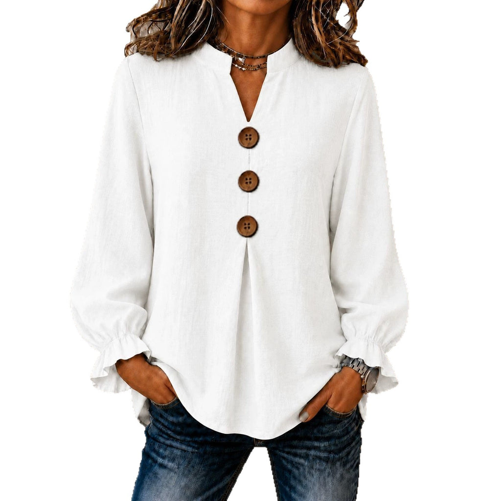 New Womens Fashion Long-sleeve V-neck Solid-color Button-up Top For Fall And Winter – Premium 0 | RICALOUX