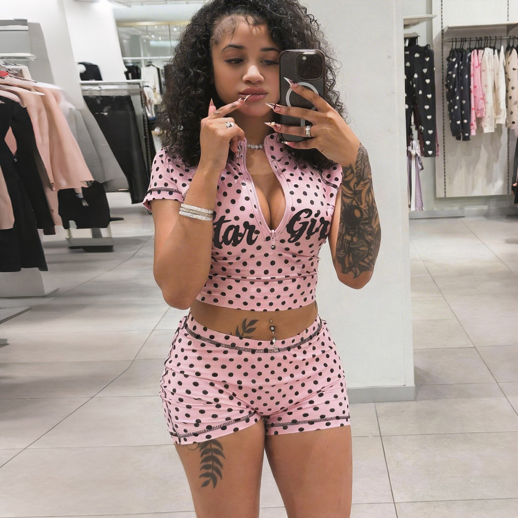 Womens Polka-Dot Print Zippered Crop Top And Shorts Set by Ricaloux