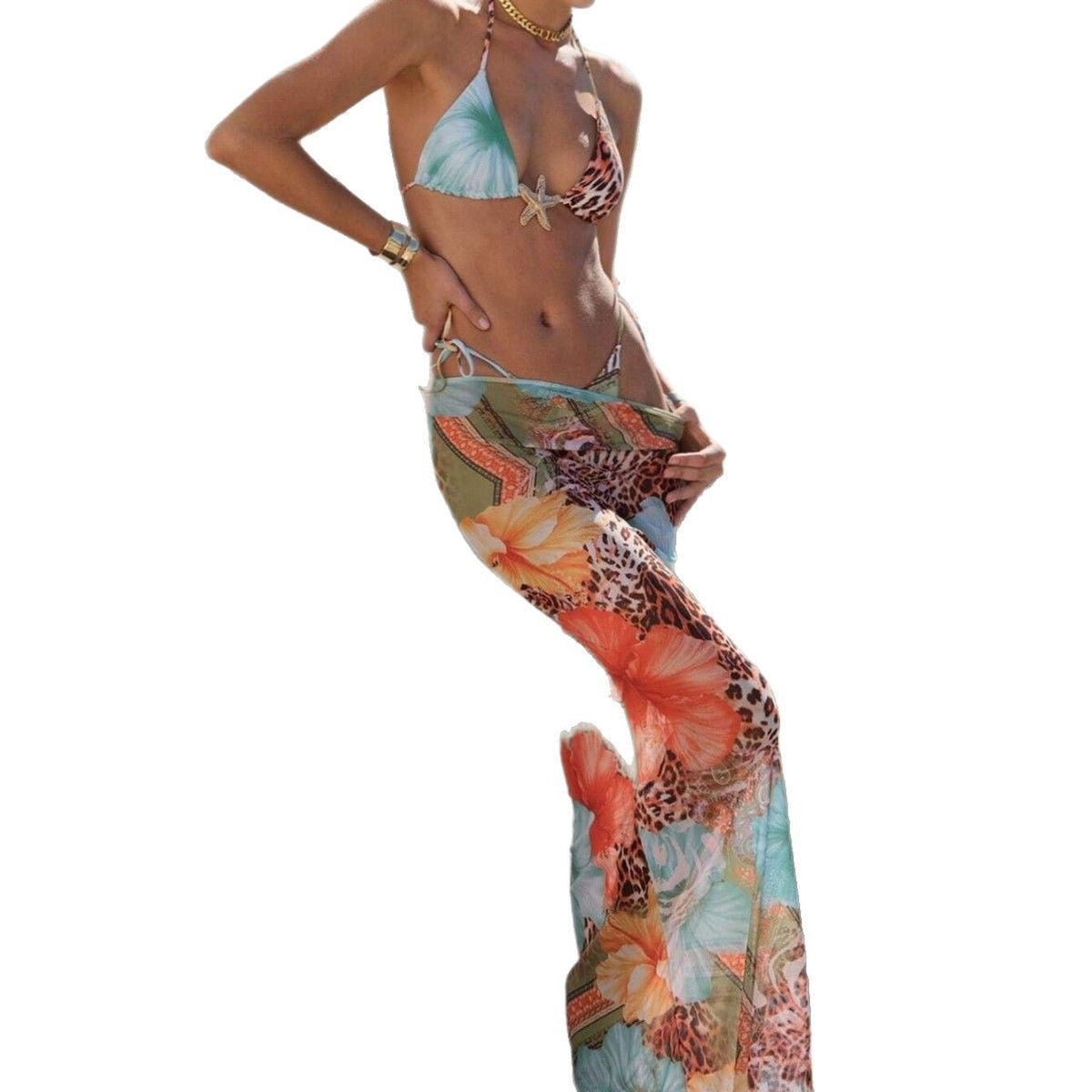European And American-style Floral-print Triangle-bra Sexy Quick-drying Cover-up Maxi Dress Bikini Three-piece Set – Premium 0 | RICALOUX