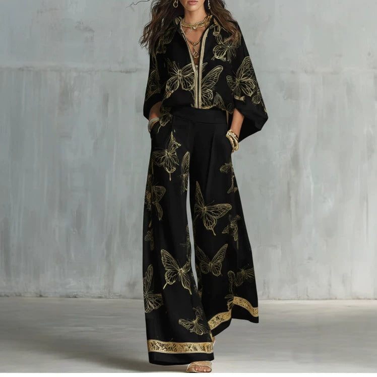 Zip-front Shirt And Wide-leg Pants Stylish Casual Two-piece Set by Ricaloux
