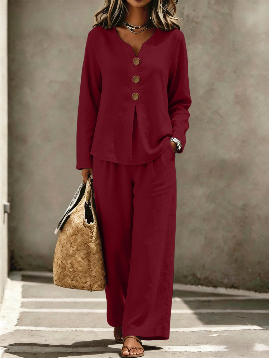 Womens Casual Buttoned V-Neck Long-Sleeve Top And Pants Set – Premium 0 | RICALOUX
